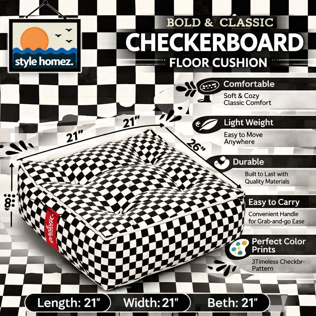 Style Homez Premium Cotton Canvas Square Floor Cushion, Checkered Printed Large Size with Cotton Filling