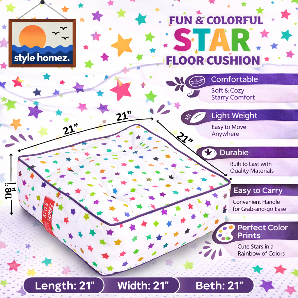 Style Homez Premium Cotton Canvas Square Floor Cushion, Star Printed Large Size with Cotton Filling