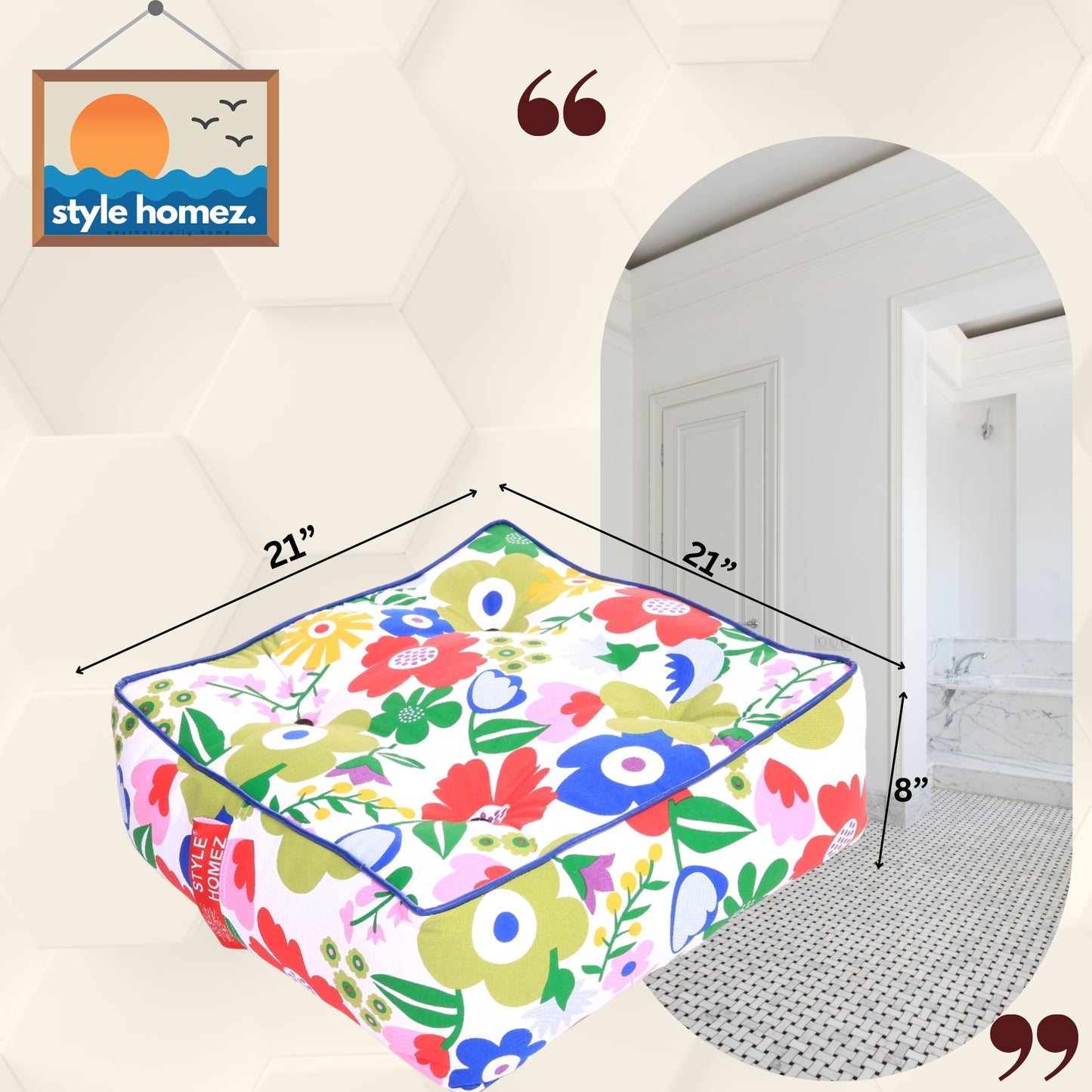 Style Homez Premium Cotton Canvas Square Floor Cushion, Floral Printed Large Size with Cotton Filling