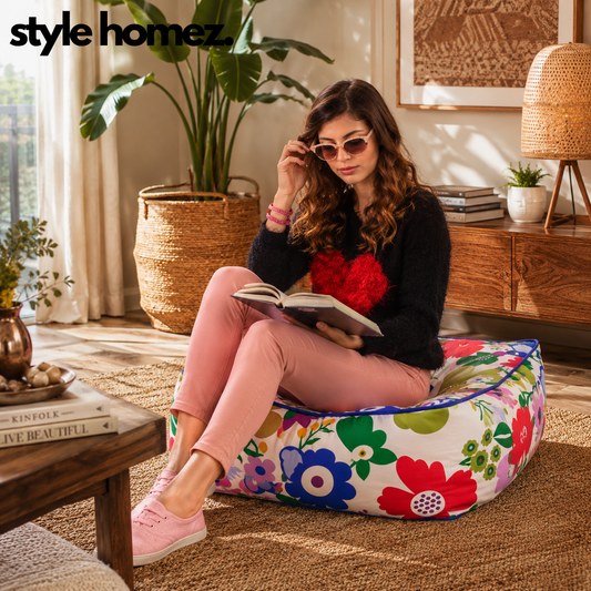 Style Homez Premium Cotton Canvas Square Floor Cushion, Floral Printed Large Size with Cotton Filling