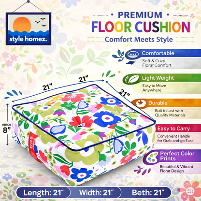 Style Homez Premium Cotton Canvas Square Floor Cushion, Floral Printed Large Size with Cotton Filling