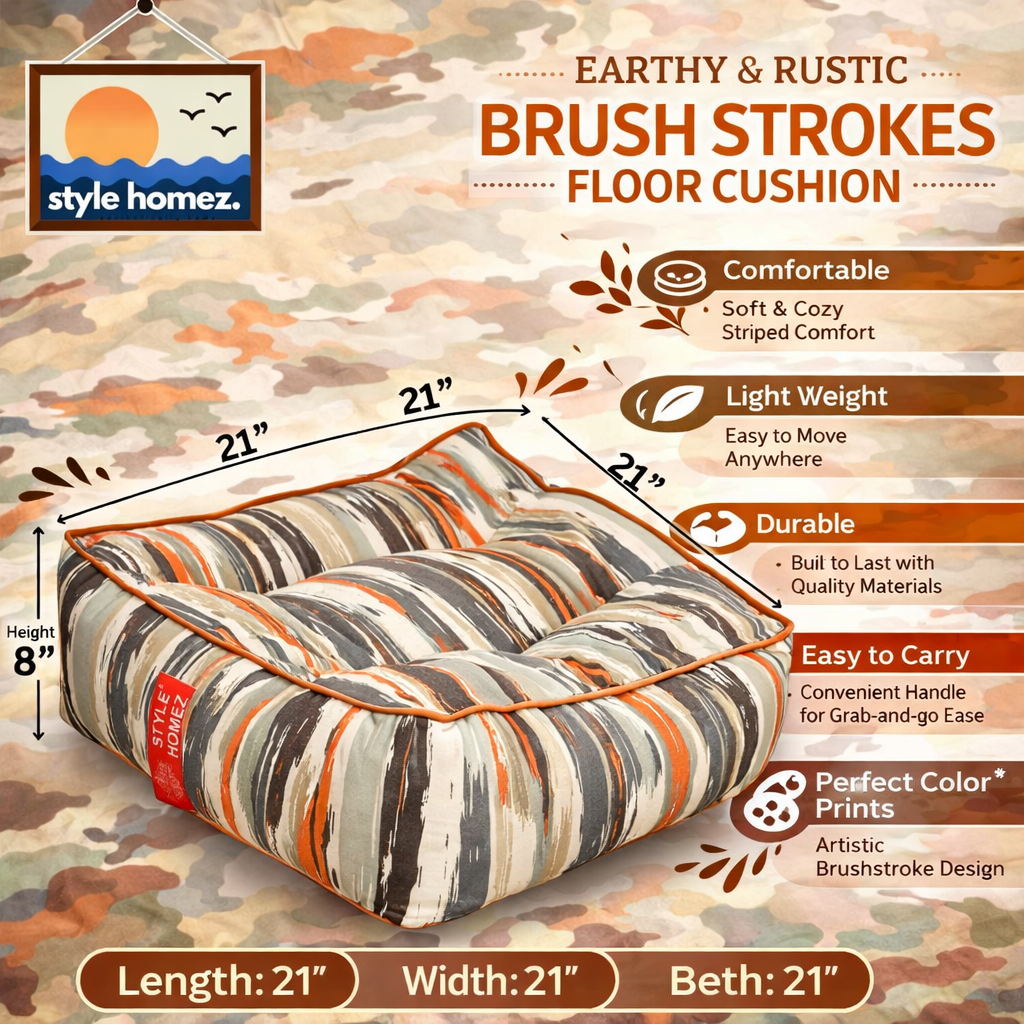 Style Homez Premium Cotton Canvas Square Floor Cushion, Stripes Printed Large Size with Cotton Filling