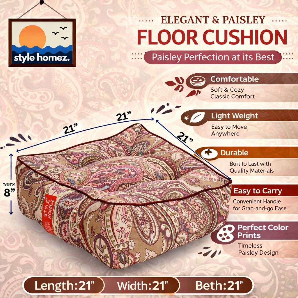 Style Homez  Premium Cotton Canvas Square Floor Cushion, Paisley Printed Large Size with Cotton Filling