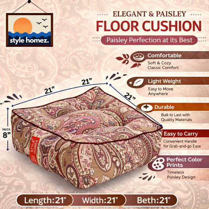 Style Homez  Premium Cotton Canvas Square Floor Cushion, Paisley Printed Large Size with Cotton Filling