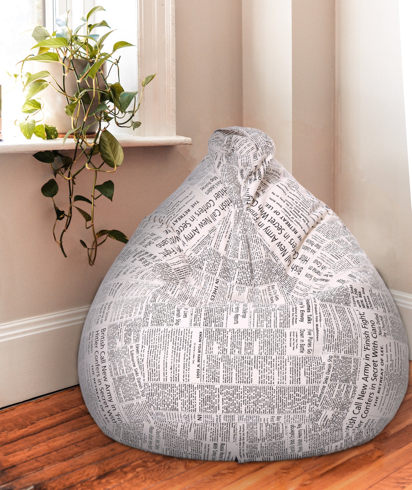Style Homez Classic Premium Cotton Canvas Newspaper Printed Bean Bag XL Size Filled with Beans Fillers