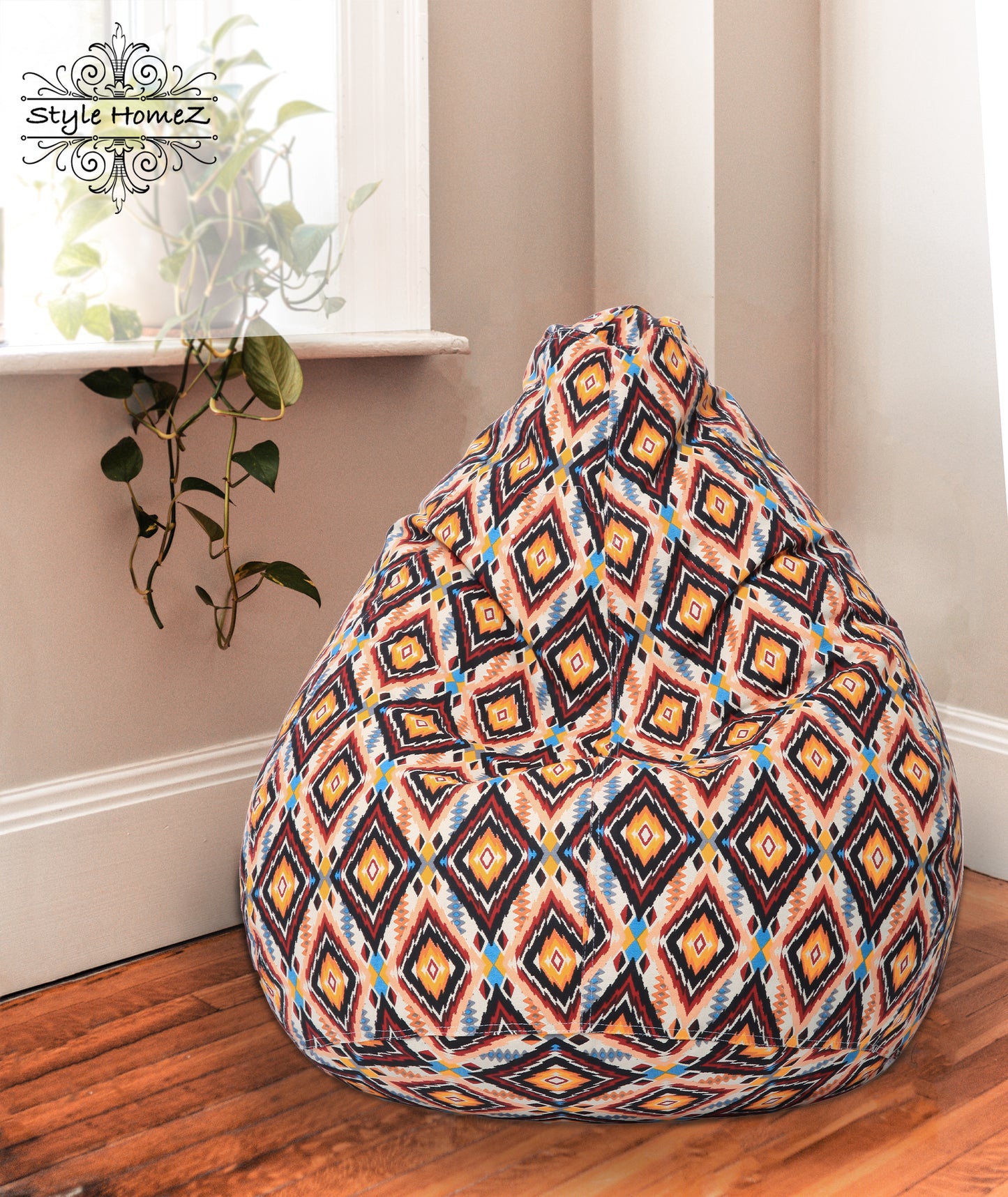 Style Homez Classic Premium Cotton Canvas Geometric Printed Bean Bag XL Size Filled with Beans Fillers