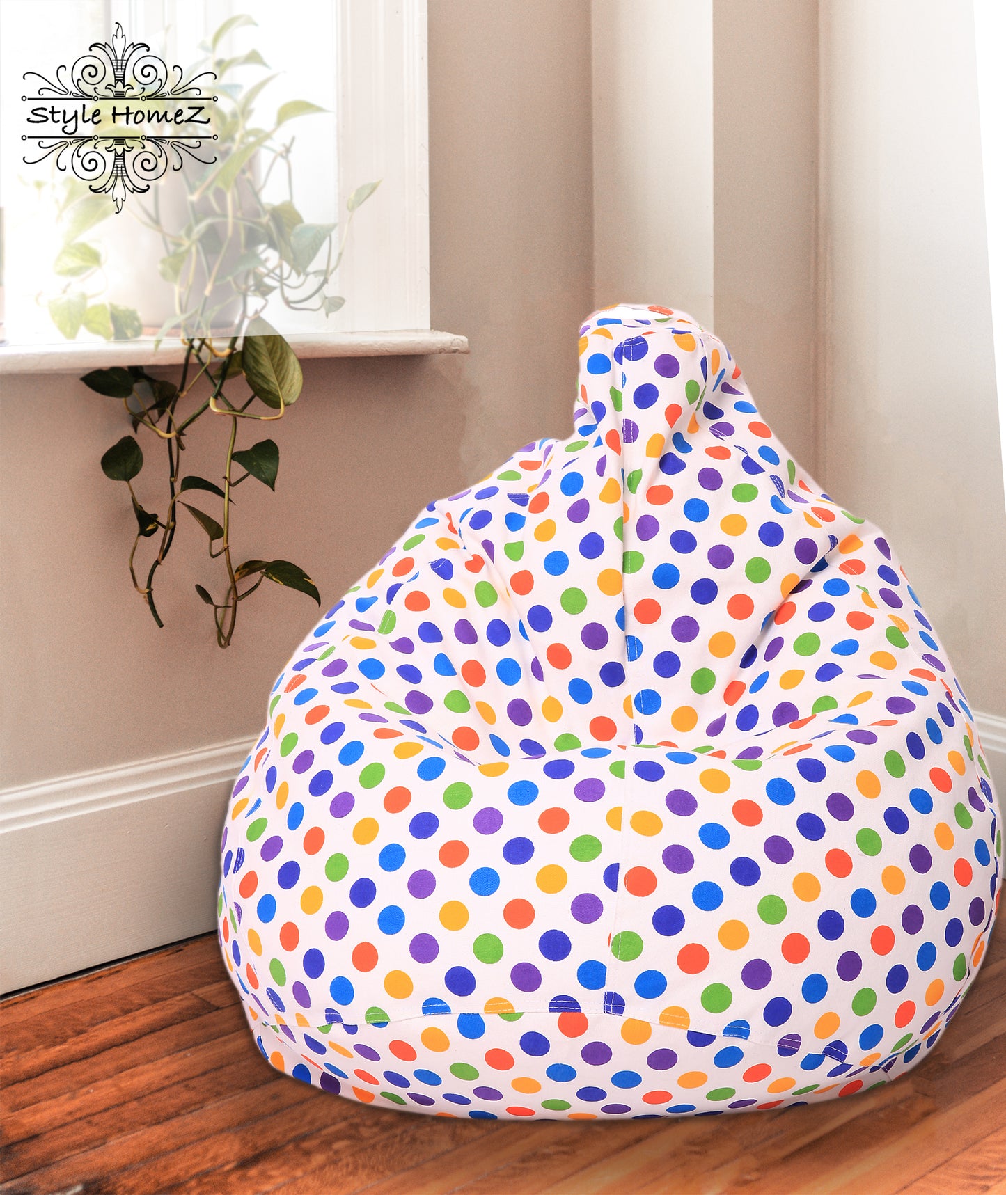Style Homez Classic Premium Cotton Canvas Polka Dots Printed Bean Bag XL Size Filled with Beans Fillers
