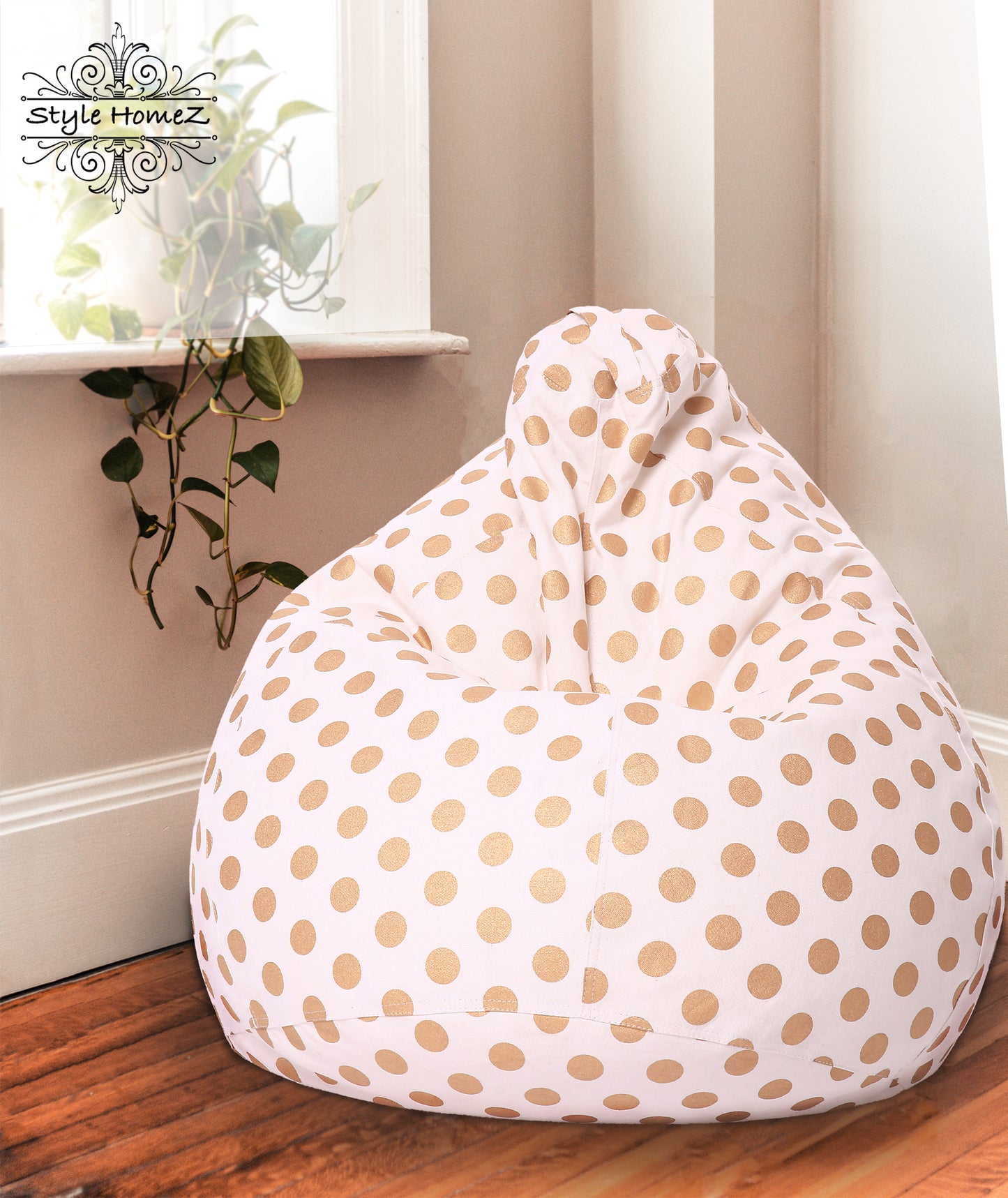 Style Homez Classic Premium Cotton Canvas Polka Dots Printed Bean Bag XL Size Filled with Beans Fillers